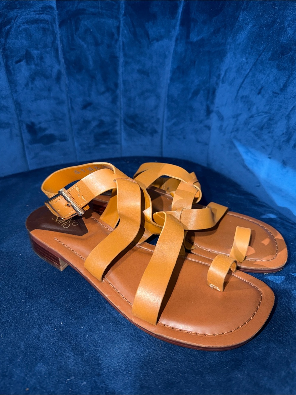 Franco Sarto Women’s Tan Leather Strappy Sandals w/ Gold Buckles Size 6.5